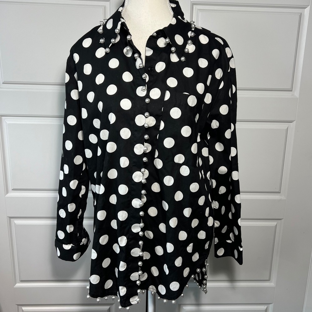 ADORE‎ Polka Dot Pearl Embellished Black White Button Up Shirt Women's Size S